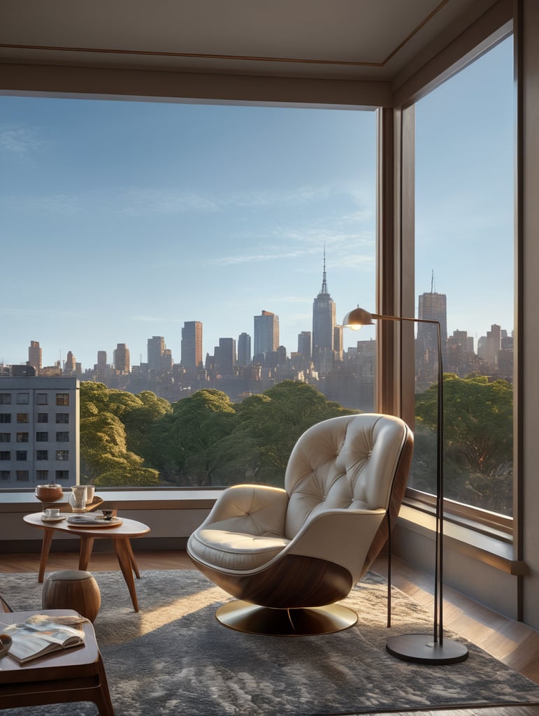 corner window of a understated luxury apartment, morning, sunrise, golden hour, calm feeling, coffee, exact same modern brazilian lounge chair of the reference image, light rug, soho new york view, playground view, a couple of trees in the playground, buildings in the view 5 stories tall. Light coming form the right side