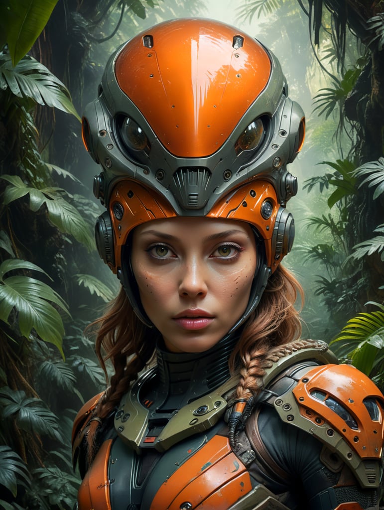 Waist-up, muted photo portrait titled "female futuristic alien in a jungle", broken helmet tangerine, muted palette, muted colors, detailed, 8k