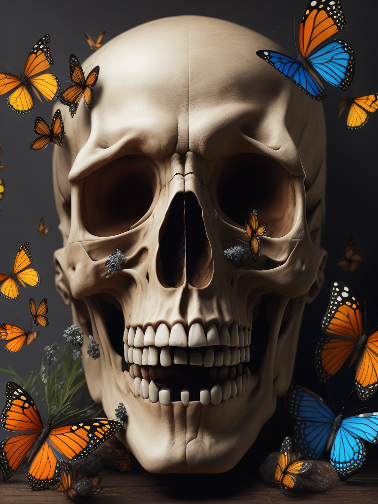 beautiful composition of a skull and monarch butterflies, rule of thirds, golden proportions, realistic art, anatomically correct, white skull with some orange butterflies, some blue flowers in the back, perfect composition, still life, high quality, front view creative, very colorful, very detailed, insane illumination, photography,