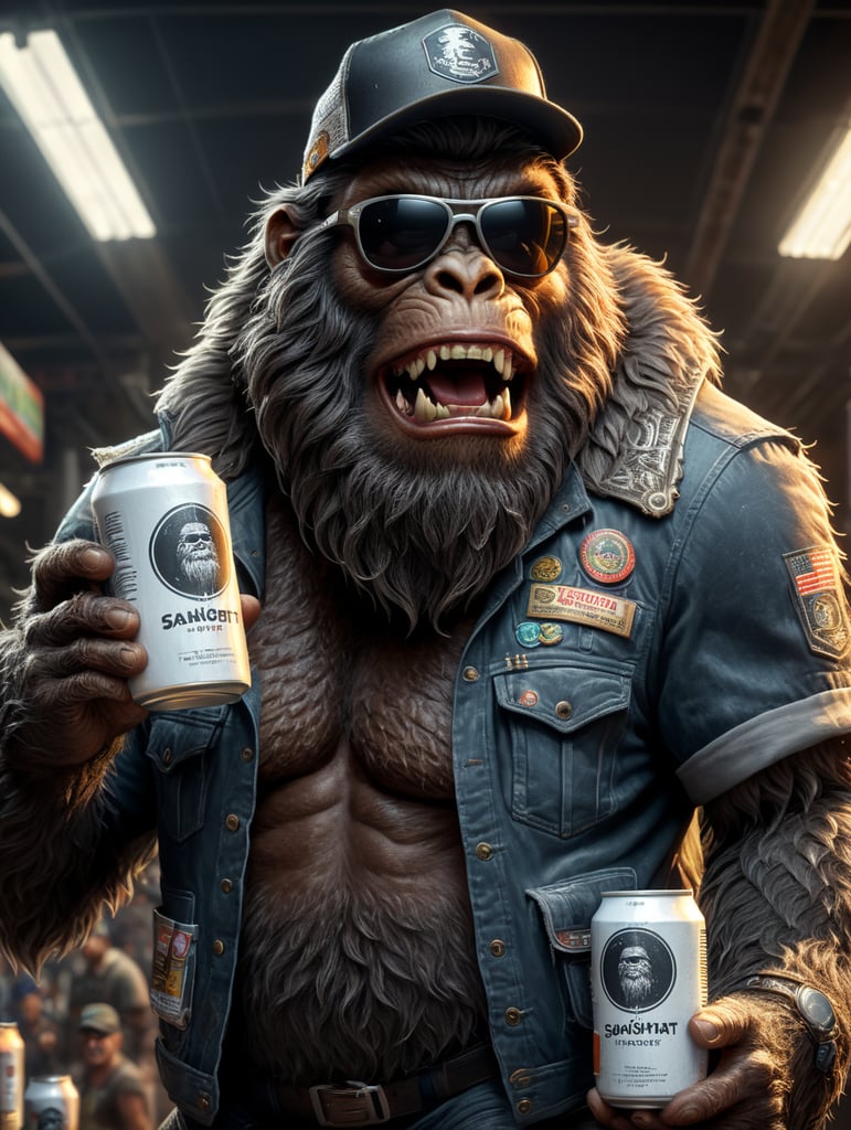 Bigfoot sasquatch wearing a trucker hat and sunglasses and carrying a 6-pack of white cans