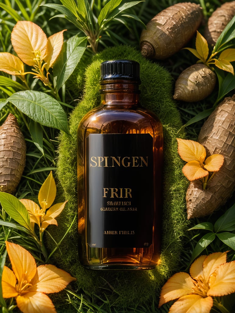 Compose an authentic and visually captivating photograph featuring a middle-sized amber glass bottle surrounded by the lushness of green grass, with a focus on detailed ginger scattered around it. Pay meticulous attention to the textures and details of both the ginger and the glass bottle, capturing the play of light and shadow. Utilize natural lighting to enhance the vibrancy of the ginger and the reflective surface of the bottle. Create a visually engaging composition that highlights the natural and organic elements, showcasing the rich textures and earthy tones of ginger in harmony with the glass container amidst the backdrop of fresh green grass."