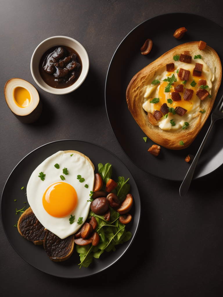 a product photo of fried eggs and bacon and hash browns and black pudding and mushrooms and toast, photorealistic, highly detailed, restaurant background, studio lighting, Canon 5D Mark iii, Canon 85mm prime lens