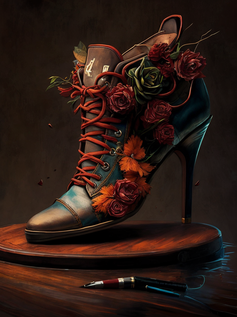 realistic photo of shoes with flowers, deep atmosphere, dark, saturation, vibrance, sharp on details