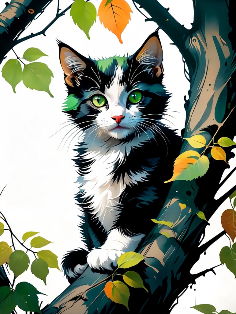 Black and white kitten sitting in a tree with green leaves looking down at the ground