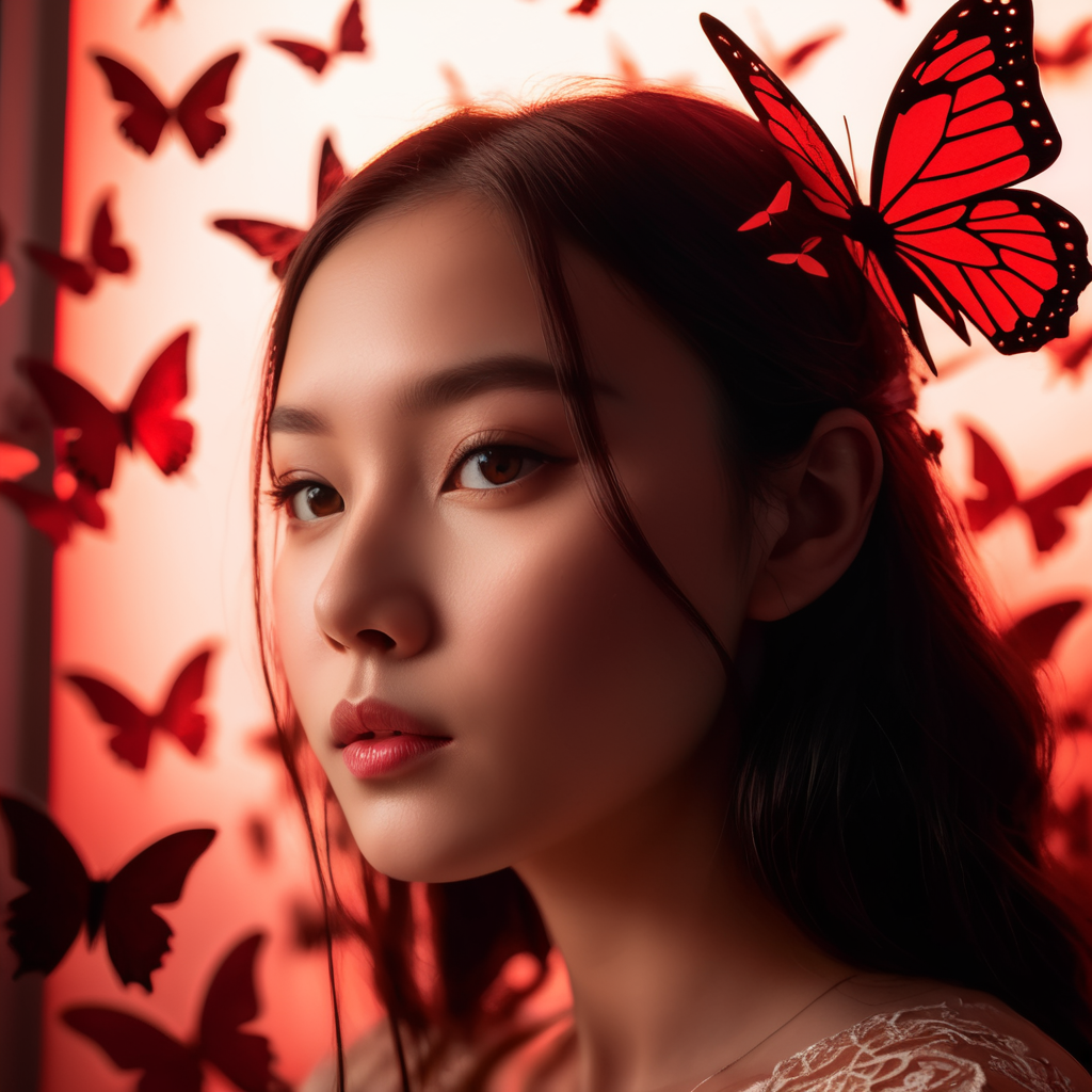 Paper cut scene, paper cut girl in the foreground, red lighting behind her, mystical atmosphere, paper cut butterflies flying around