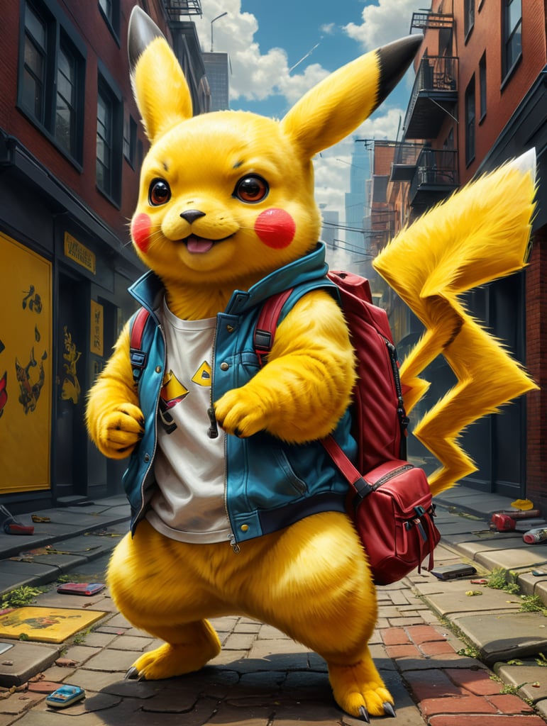 Pikachu Pokemon wearing urban clothes over a minimal plain yellow background