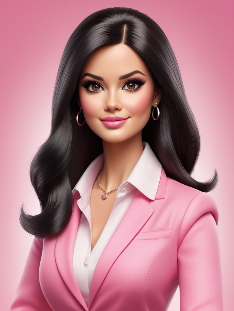 Drawing of an adult barbie elementary school teacher, oval face with thick body, white skin, black and straight hair color wearing pink clothes, black eyes