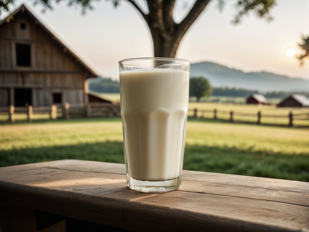 A mockup of a glass of milk, farm blurred background