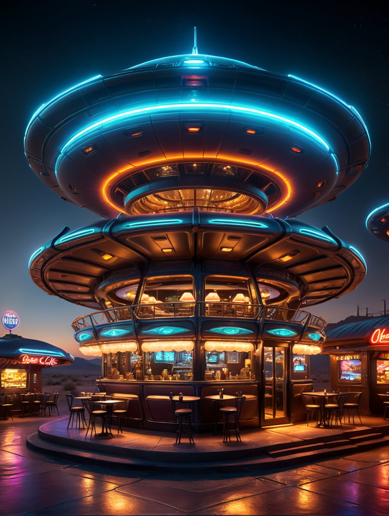 futuristic ufo cafe, desert, an night, neon, glass