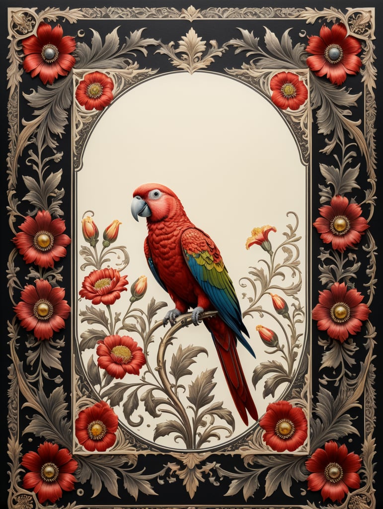 duochrome ink red on cream letterpress print of folk parrot and flowers ornate frame design, empty space in middle for text, in the style of William Morris