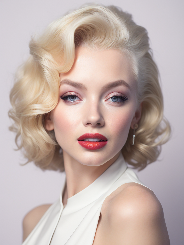 Portrait of Marilyn Monroe, ultra realistic, blonde hair, white dress, bright makeup, gradient background,
