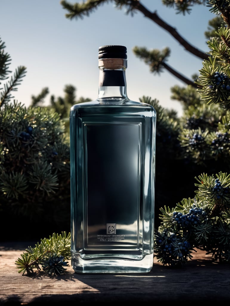 professional photography of a square gin bottle, square bottle, surrounding a juniper and juniper berries, one shot of gin in a front, no label, clear, mockup