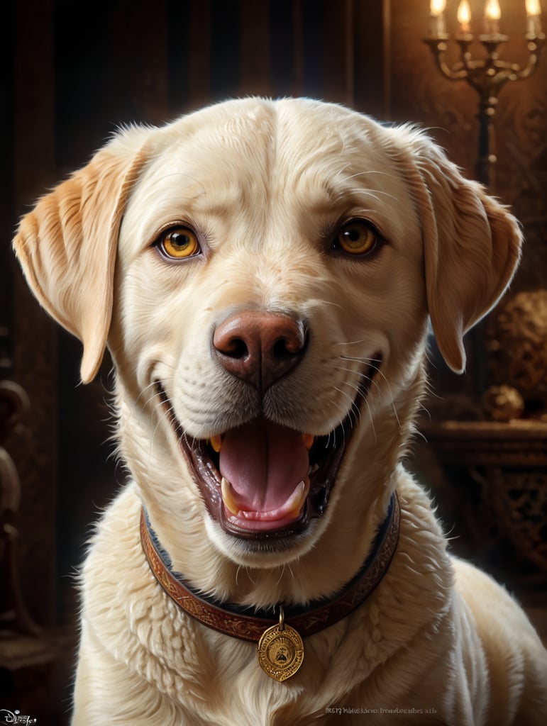 Labrador boy named Tony, light wool, smiling, Disney poster