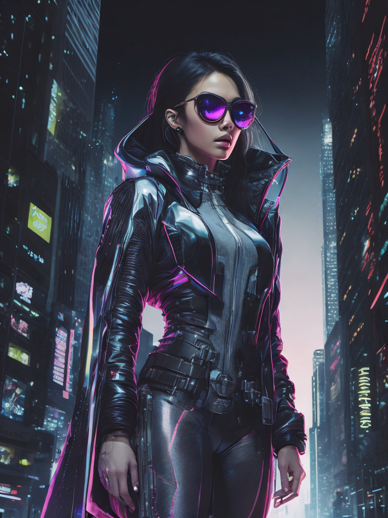 A woman wearing holographic cyberpunk clothing, surrounded by neon-lit cityscape reflections, vray render, ray tracing, subsurface scattering, by Josan Gonzalez and Liang Mark