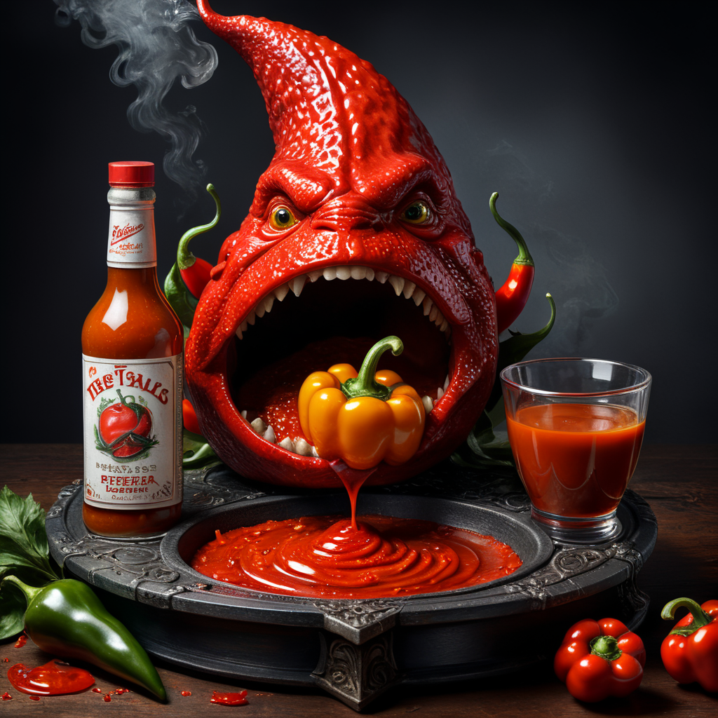 Draw an abstract image of a person represented as a set of scales, with red pepper on one side and a can of hot sauce on the other, where the red pepper side is tipping the scales.