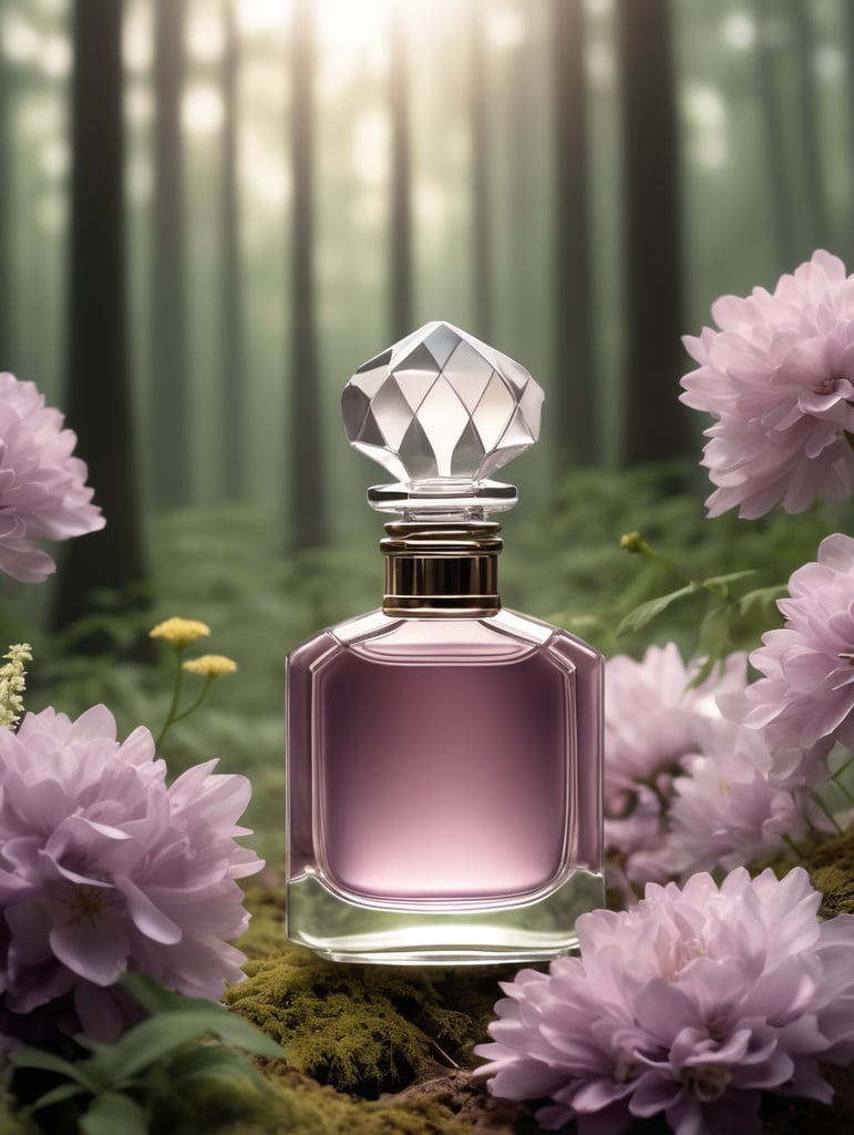 Perfume bottle with mauve color, sitting in a forest clearing with a few flowers around. Soft beams of light filter through the canopy