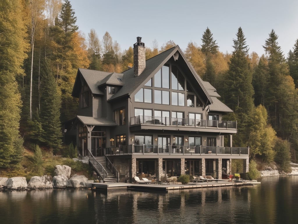 cottage on a lake. big windows. has covered balcony. is two floors