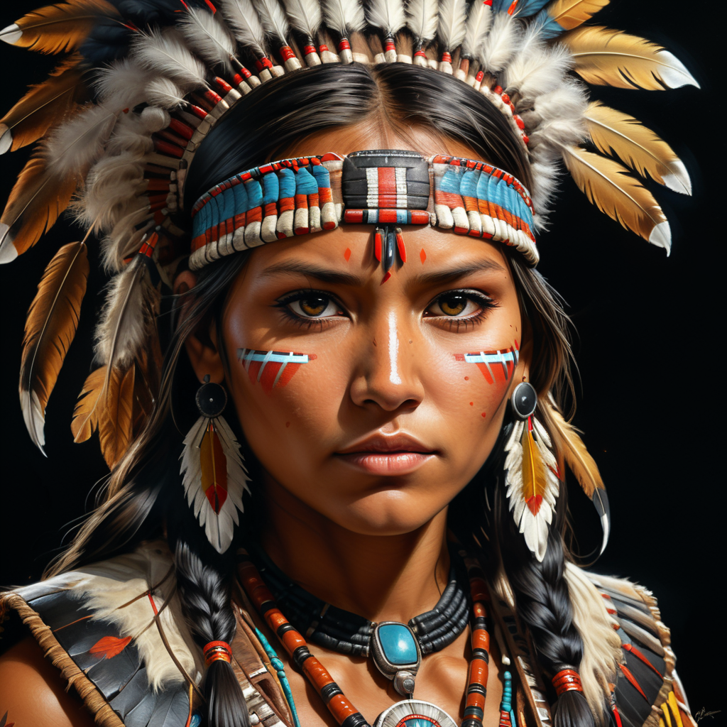 American Indian girl on black background, portrait,Oil Painting style,comics,only brown colors