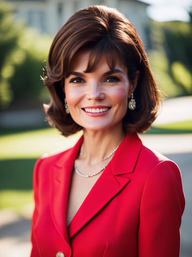 Portrait of (((first lady jackie kennedy)) in a red oscar de la renta suit gan, portrait in the white house backyard, sharp focus, highly detailed, photorealistic photoreal: 1.4, lifelike,highly detailed CG unified 8K,looking at the viewer smiling, (HQ skin:1.4), 8k uhd, dslr, soft lighting, high quality, film grain, Fujifilm XT3, smiling front camera.