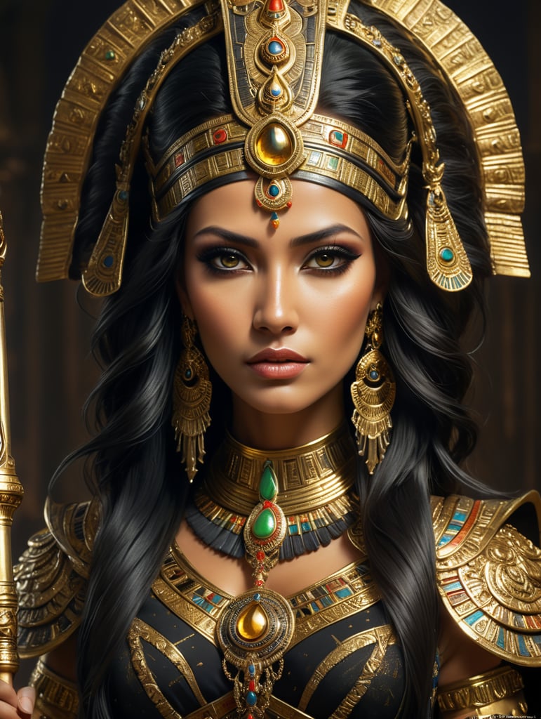beautiful native Egyptian queen , long black hair , dark black eye makeup , wearing ornate gold accented clothing , holding golden staff , crisp detail , earth tone color palate