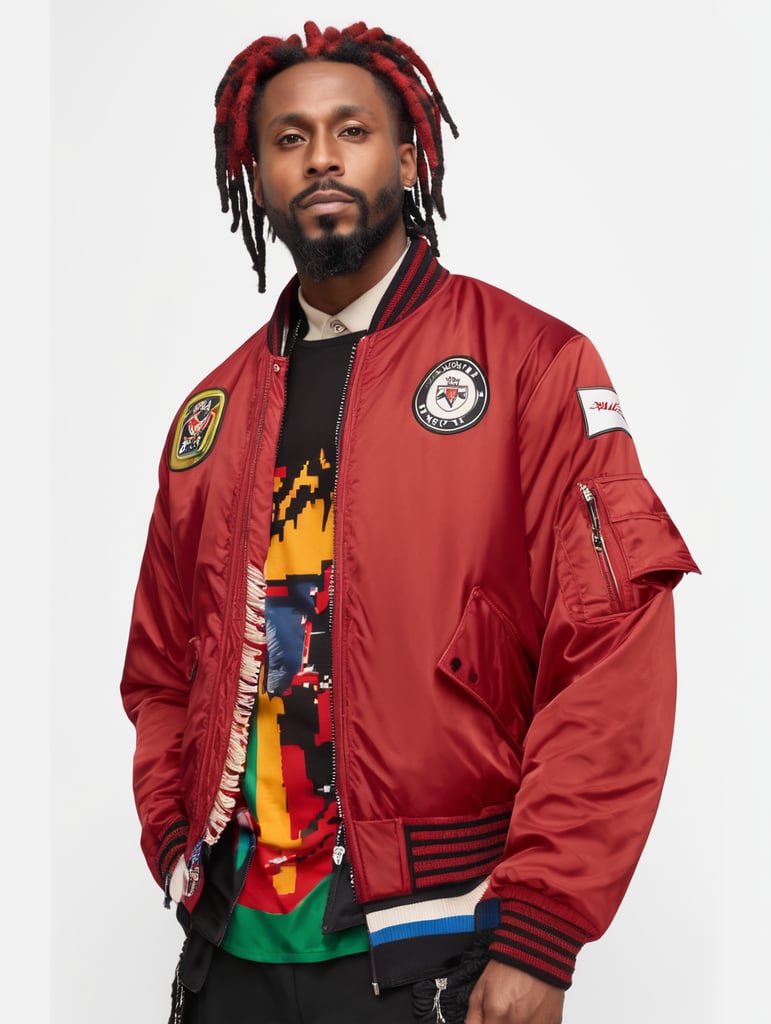 a man with dreadlocks on his head is wearing a colored jersey and a red bomber jacket