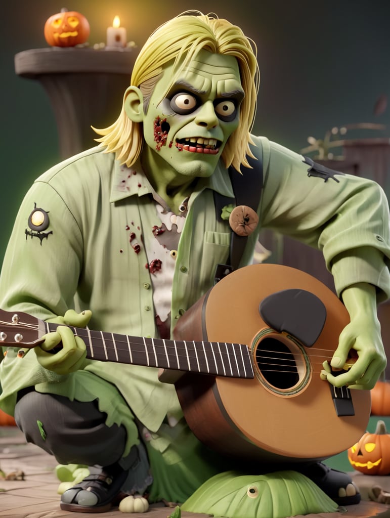 Kurt Cobain as a zombie, playing an acoustic guitar, green and black colors, Halloween style