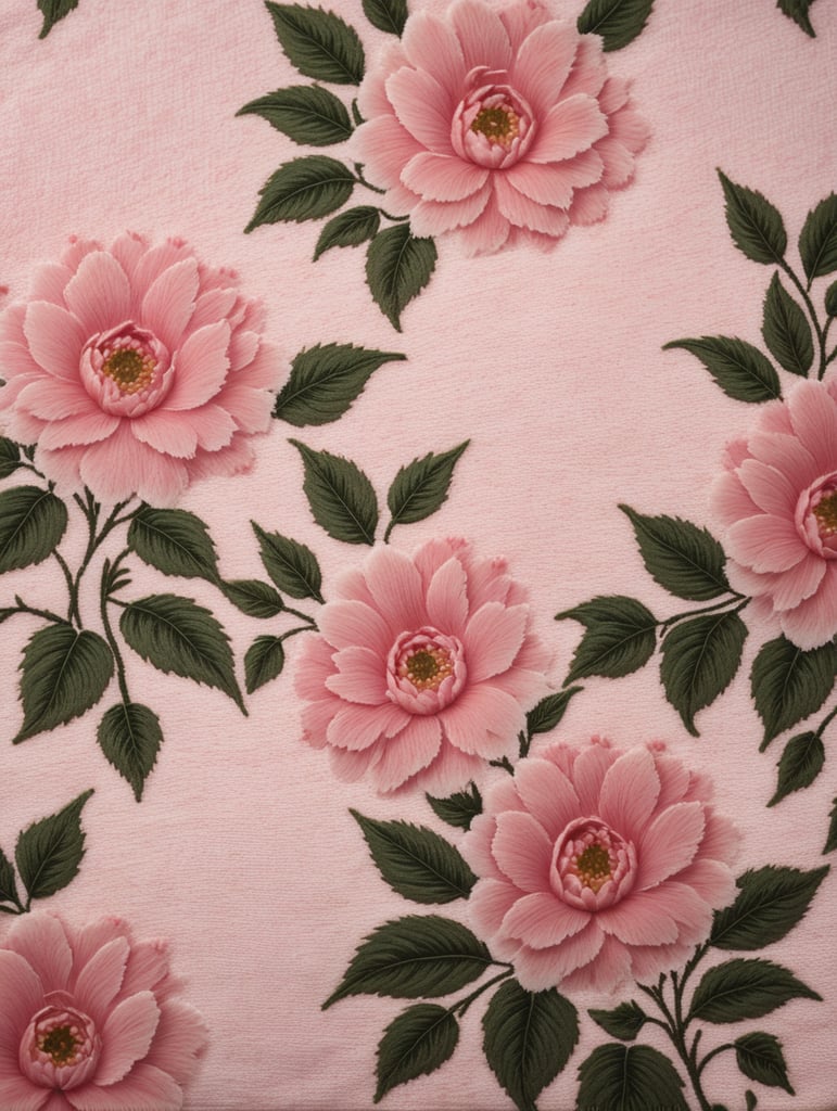 Create a Sherpa fabric texture with a floral pattern in baby pink color, giving it a fluffy and cozy feel.