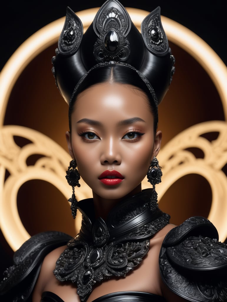 Black skin Asian girl fashion model, fashion photography , reality , fashion model has real skin texture , pure background ,art installation , 22mm lens , 3D render , black background , 8K , Tim walker , alexander mcqueen