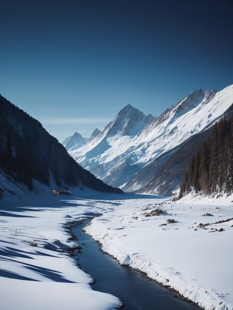 Breathtaking view of a snowy mountain range, with crisp clear air and a brilliant blue sky, serene, peaceful, majestic, high detail, winter landscape