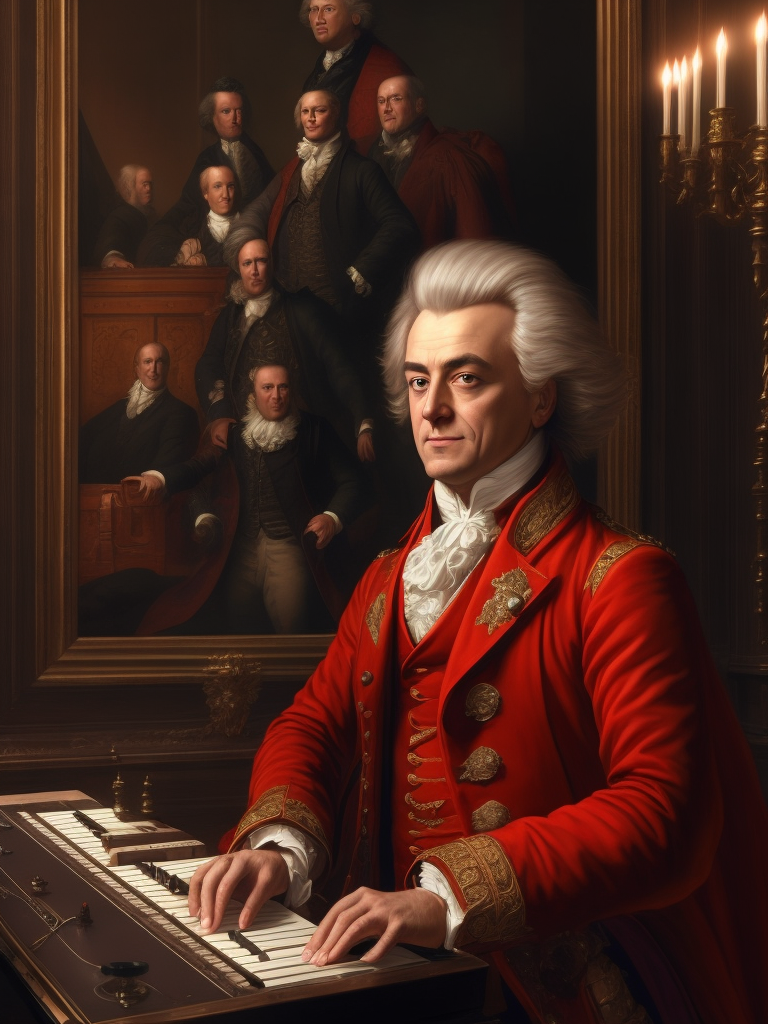 Wolfgang Amadeus Mozart in a 18th century red suit making music on a DJ table, Against the background of the interior of the palace full of guests, studio photo, professional photo, Bright and rich colors, Detailed image, detailed face,