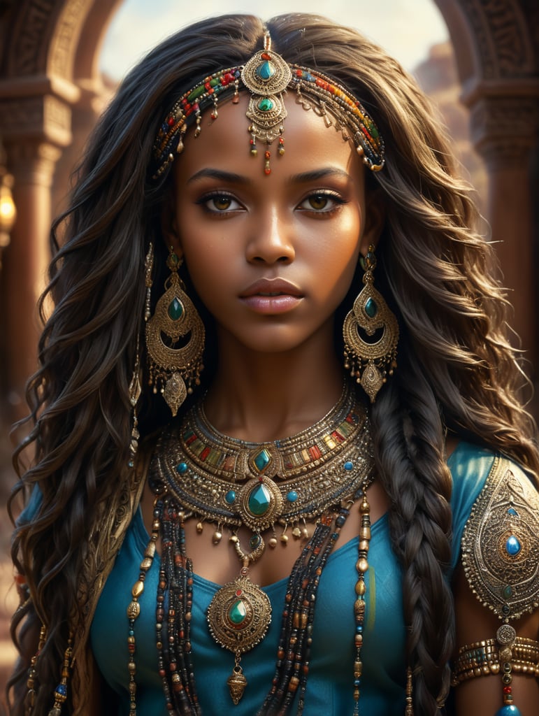 stunning African American Morocco girl with jewelry long hair