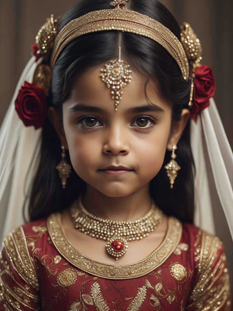 (((cute, sad 5-year-old girl))) of India dressed in a (((typical wedding dress of India, with gold and red geometric patterns))), (photorealistic: 1.4, lifelike), highly detailed CG unified 8K backgrounds, 1 child, looking at viewer, (HQ skin:1.4), 8k uhd, dslr, soft lighting, high quality, film grain, fujifilm XT3, ((simple neutral background)).