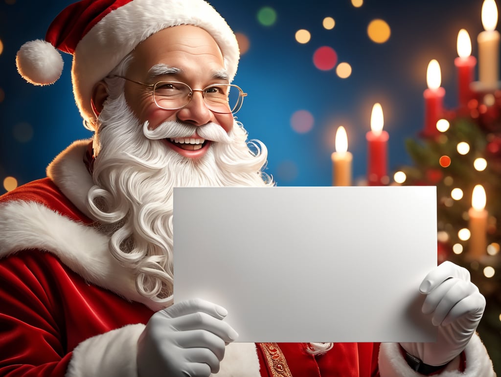 Portrait of Santa Claus smiling, White Background, holding a white business card, whimsical facial expression, flowing white beard, jolly caricature, saturated colors, red outfit, sharp focus, portrait photography, depth of field, dramatic candlelit lighting, incredibly high detailed, blue background, blurred background,