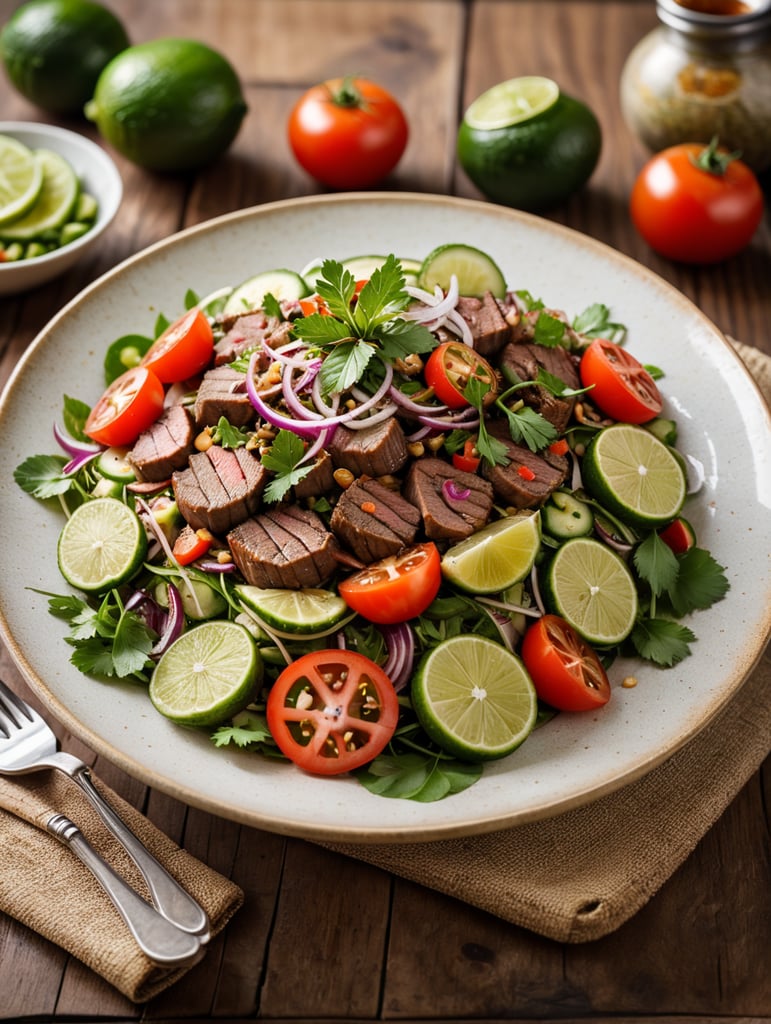 Thai Beef Salad (Yam Nua), small plate on a wooden table, Description: A zesty Thai salad featuring grilled beef, mixed with fresh herbs, cucumber, red onion, and tomatoes, and dressed with a tangy lime dressing.