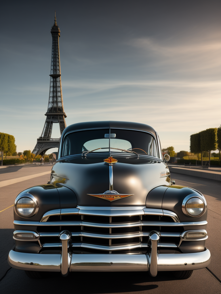 1952 Gray Chevrolet, with the Eiffel Tower in the background, surrealistic, landscape, muted tones