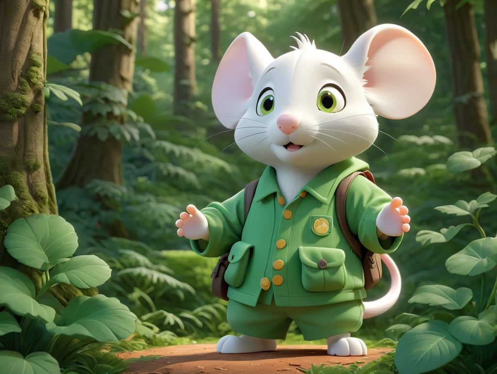white mouse with backpack in a green clothes scratching his head with one hand in green forest thick leaves lush trees nature scenery picturesque landscapes enchanting foliage serene woodland botanical beauty
