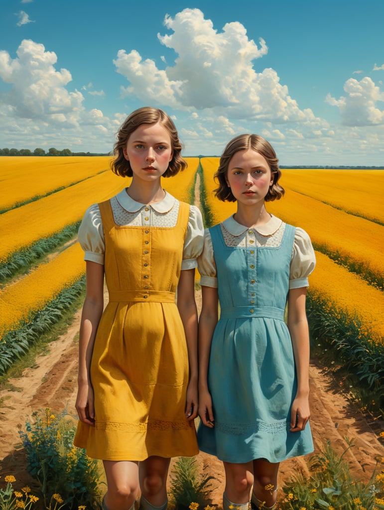 Vintage portrait of two girls wearing a simple dress in a yellow field, clear blue sky, complementary colors, Wes Anderson style, Incredibly high detail, Muted colors, turquoise color, orange color, red color