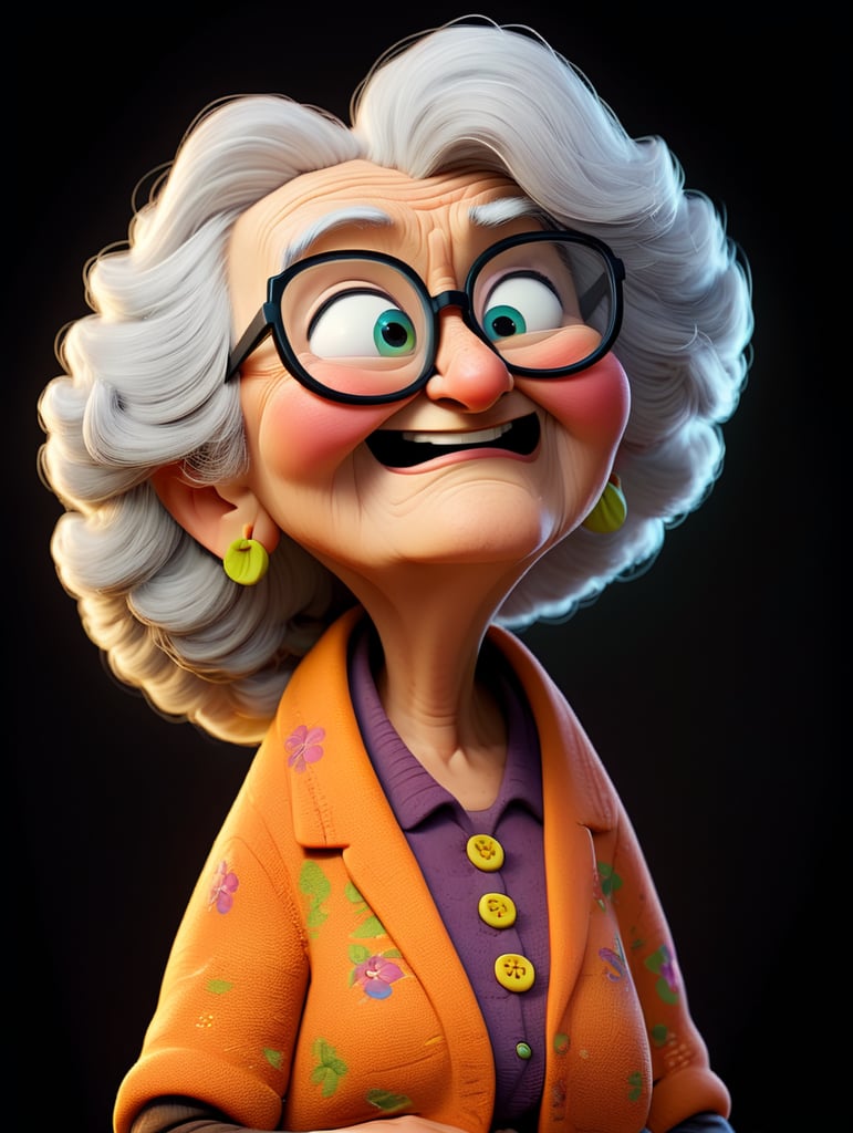 whole body old women character with black glasses, cartoon, isolated, black background sitting in a rocking chair