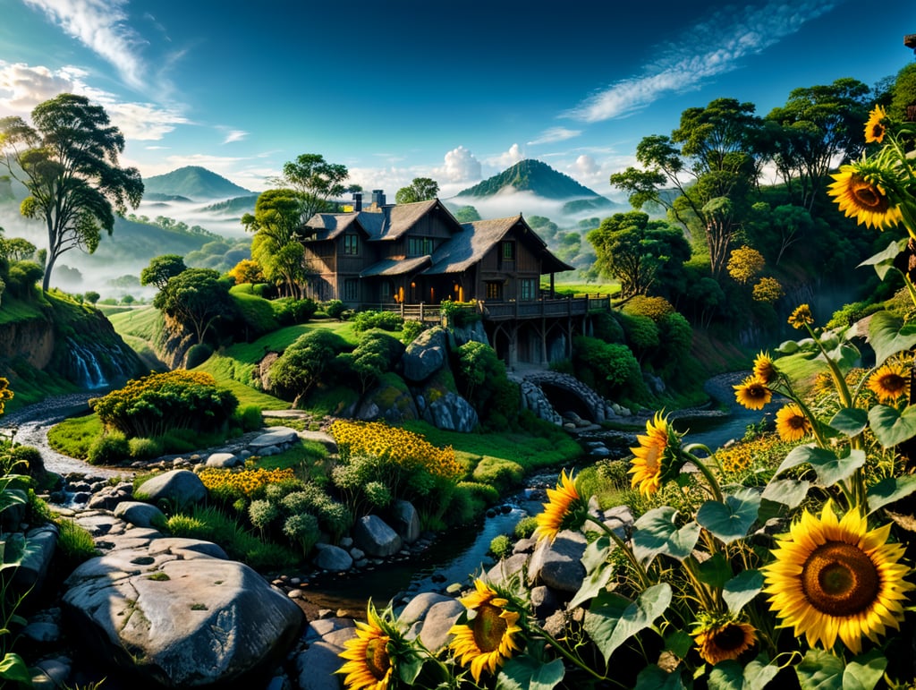 nature landscape, two hills behind of scene one of them dense forest other is stone and desert, lake int he middle of scene, creek coming to point of view, small stone bridge on creek,small waterfall stones of scene's left bottom side, green grasses and colorful flora close to viewer, wooden two story big house on right side on scene with sunflowers on front of it, mud road right bottom side of scene, many hills on fog on background horizon,