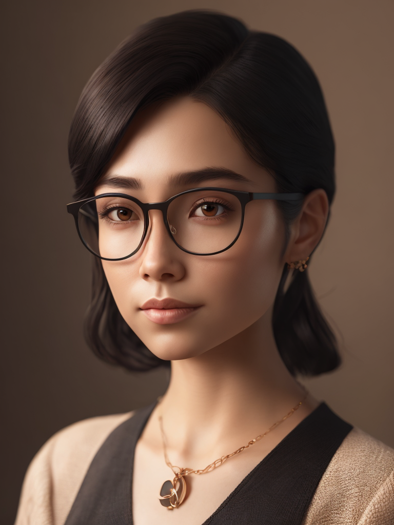 Girl, black hair, Brown eyes, glasses and necklace, Full body, standing centered, Pixar style, 3d style, disney style, 8k, Beautiful, Pixar style girl with black hair brown eyes glasses and necklace