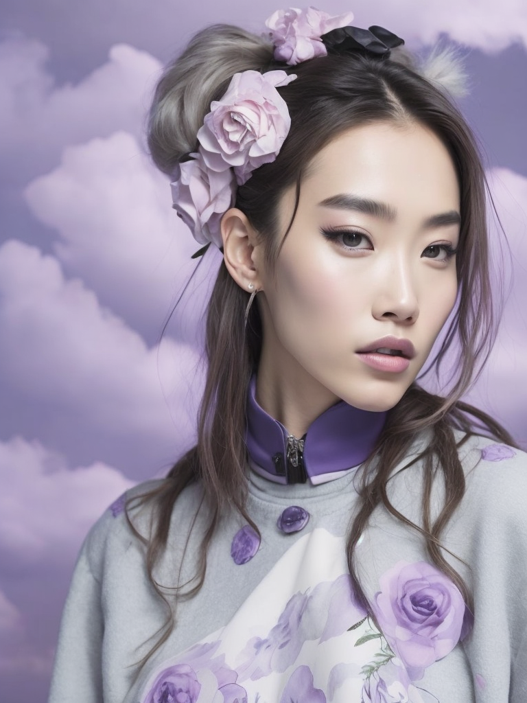 beautiful woman, wear Supreme, circa 2018, Harajuku pop style, Kanna Hashimoto, hyper detailed, hypermaximalist, glacier white theme, pastel purple gray background, clouds