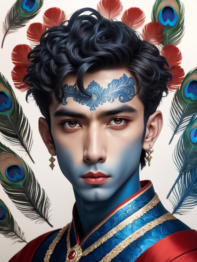 Please, draw a god-like beautiful boy with deep blue skin, coppery big eyes, red lips, curling black hair, and peacock feathers in his hair.