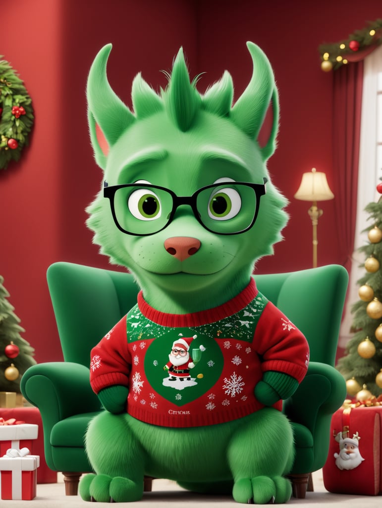 Green Draco seating on a red velour sofa. Draco wear a red christmas sweater.Draco wear a glasses and has a glass of red wine. It has a christmas interior. A backside wall has a picture with Poutin's portrait
