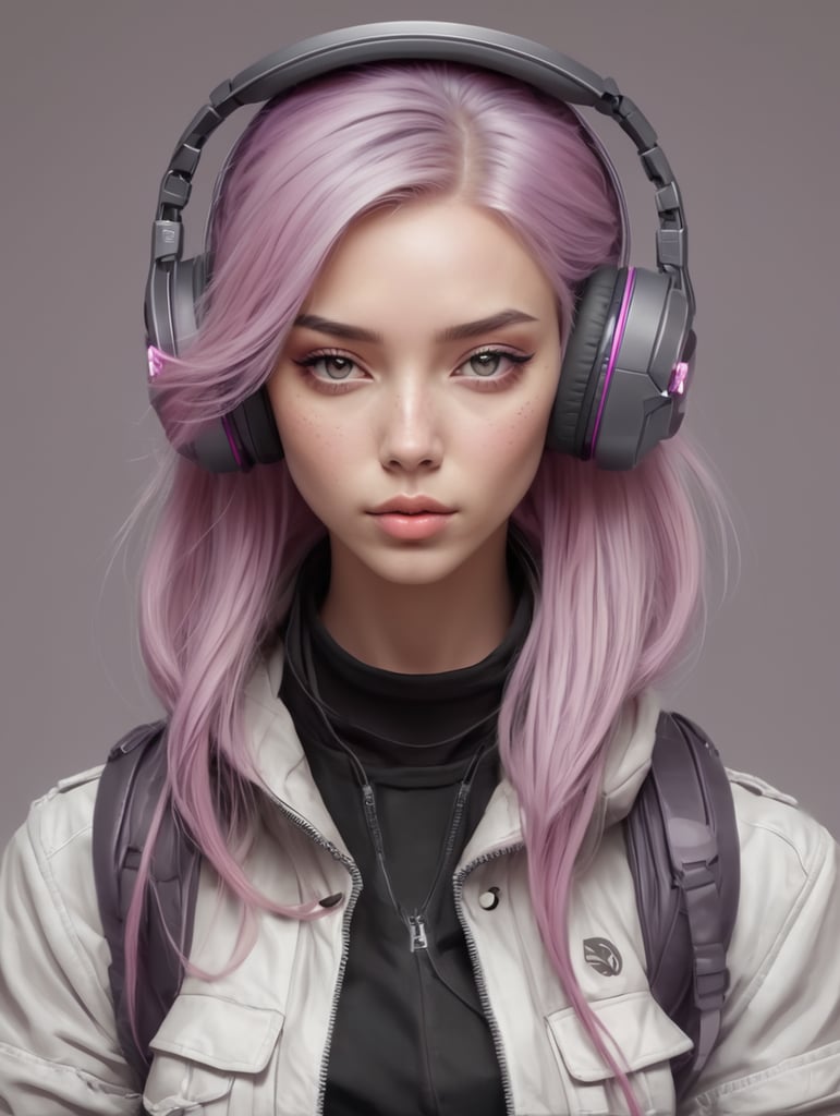 digital art vector cyberpunk girl with pink purple hair and headphones