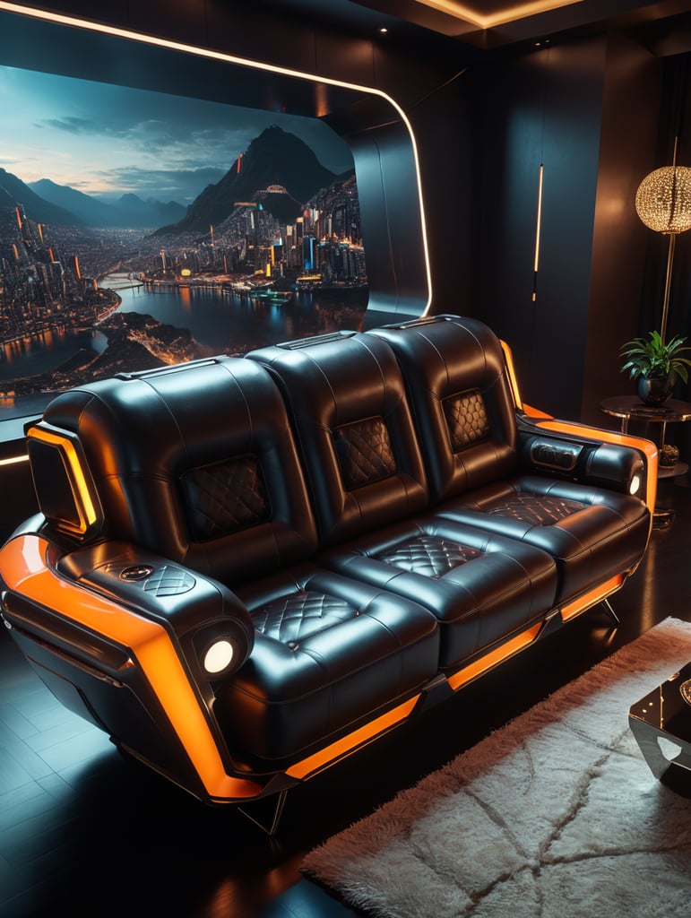 subject: A futuristic couch made of *** Style:Japandi, Photography: furniture photography, Lighting: realistic shadows, realistic lighting, realistic reflections, Colors: soft tone colors