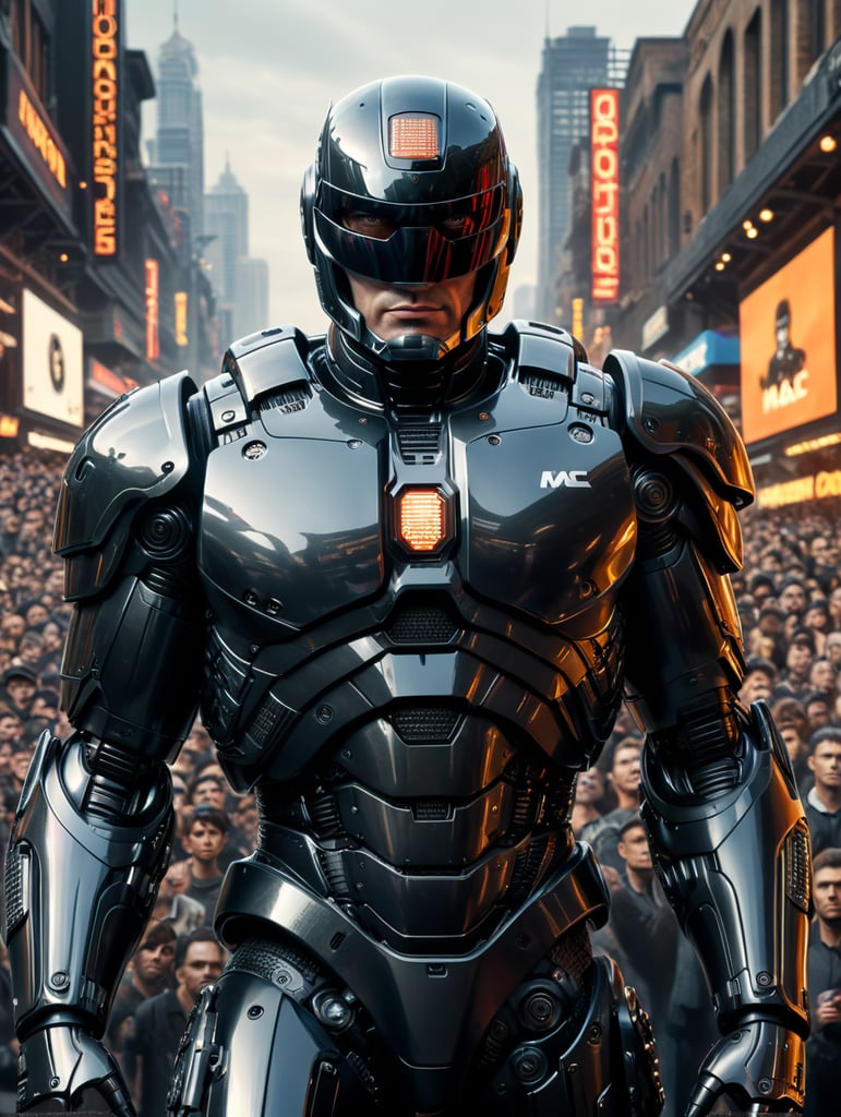 Robocop style graphic designer with mac logo, standing in front of crowd, photo realistic style