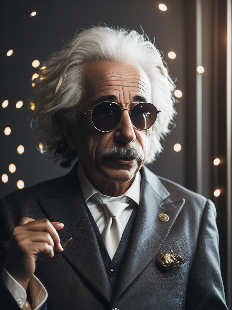 cinematic photo of Albert Einstein in rapper style. Dressed in a flashy suit, sunglasses perched on his nose, holding his Nobel Prize in his mouth like a true boss. Money raining down around him, crisp dollar bills fluttering in the air. A sleek sports car in the background, doors open, ready to ride. Einstein's confident smirk, a swagger in his stance, the embodiment of intellectual cool and unapologetic brilliance. 35mm photograph, film, bokeh, professional, 4k, highly detailed, vibrant, stunningly beautiful, high contrast, ultra-modern