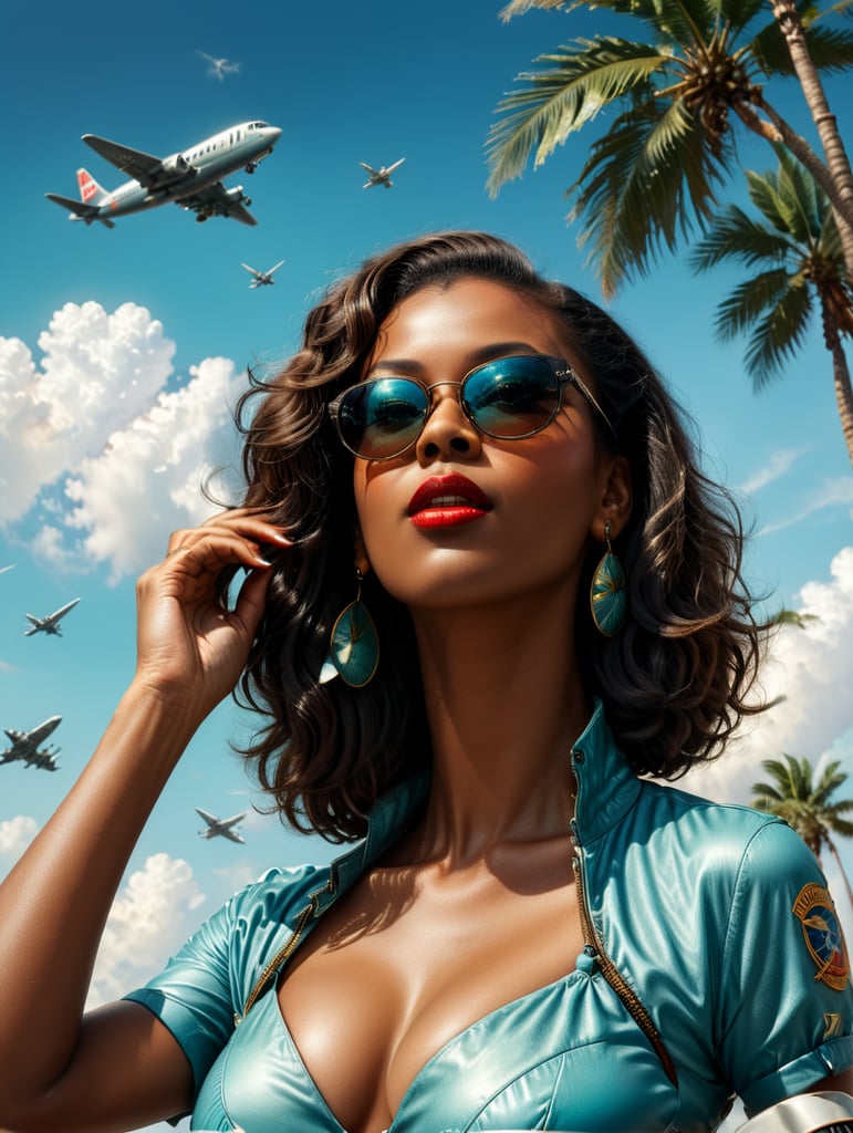 Pin up art, portrait, a black woman raised her head up, looks at the sky, sunglasses, one airplane flies in a clear sky and leaves a mark, summer, palms around, palms reflected on a sunglasses, turquoise shades, style by Gil Elvgren