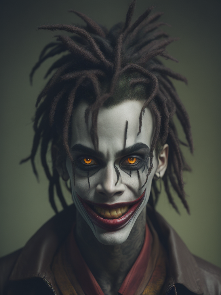 Rasta joker, portrait, highly detailed, beautiful, model pose, cinematic, movie still, by greg rutkowski and mandy jurgens and diegokoi