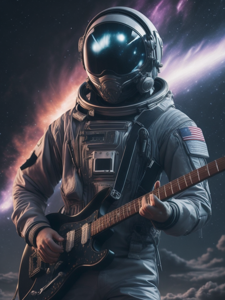 an astronaut in black, facing the universe, playing the guitar instrument, full body, helmet, refractions, daft punk, space in the background, nebula clouds, hyper detailed, digital art, trending in artstation, cinematic lighting, studio quality, smooth render, unreal engine 5 rendered, octane rendered
